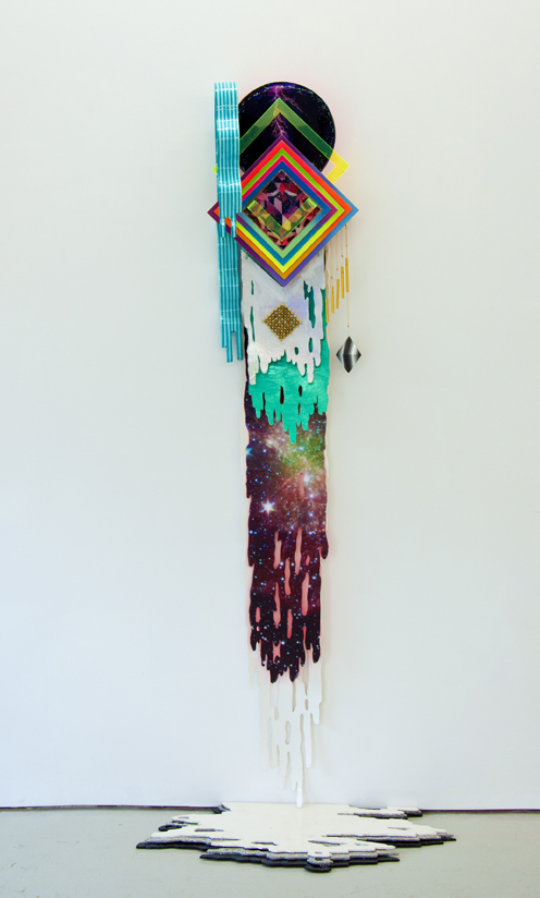 Hilary White creates art for the series The Twelve Gates using hand cut wood, plastic, holographic cloth, glitter, and paint